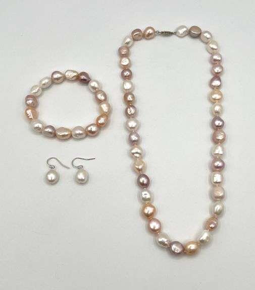 Culture Pearl Necklace, Bracelet, & Earrings