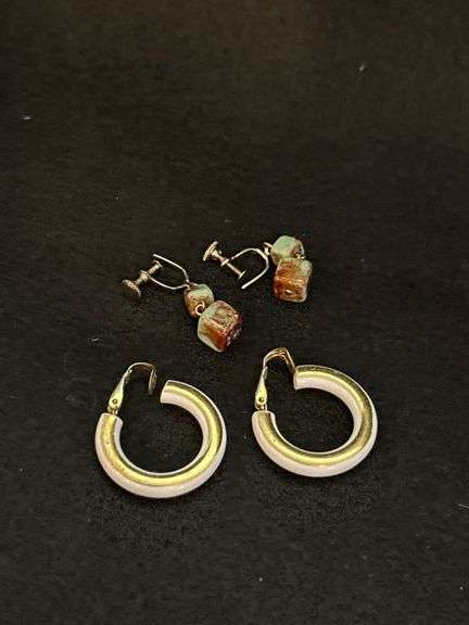 2 Pairs of Earrings Including Marked Hong Kong Clip-On Hoops and Screw-Back Stone Earrings
