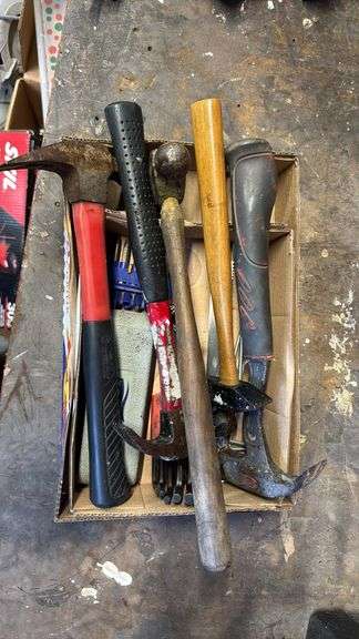 Assorted Hammers and Tools in Box