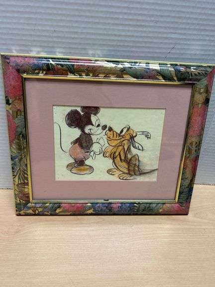 Framed Artwork Featuring Mickey Mouse and Pluto With Floral Frame ...
