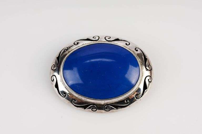 Sterling Silver Marked Brooch with Blue Center Stone