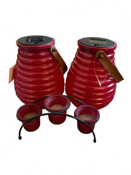 Red Solar Bee Hive Lanterns and Four-Holder Votive Candle Stand ...