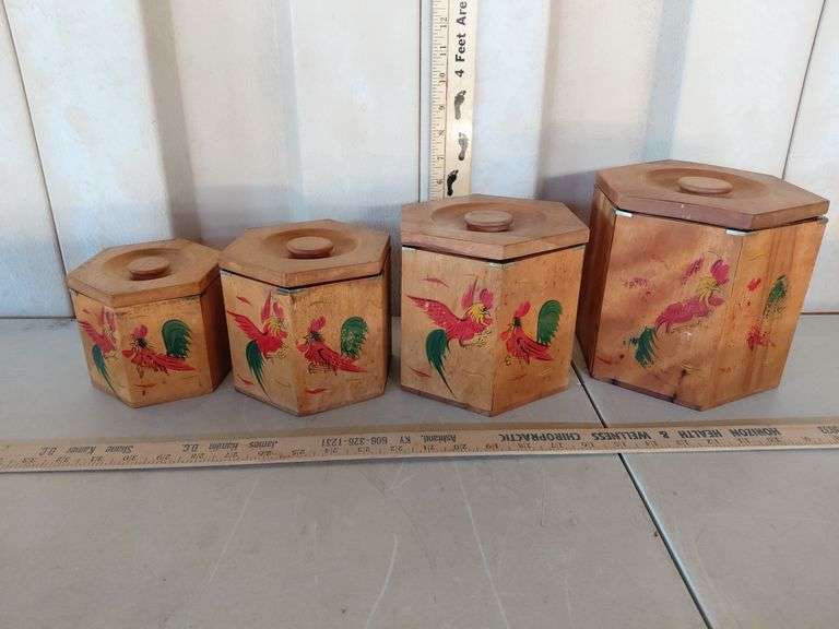 Vintage 1950s Wood Nesting Canisters, Hand Painted Fighting Roosters, Biggest 7"X8"X7"