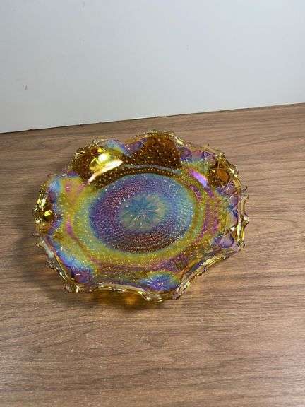 Iridescent Pressed Glass Bowl with Scalloped Edge