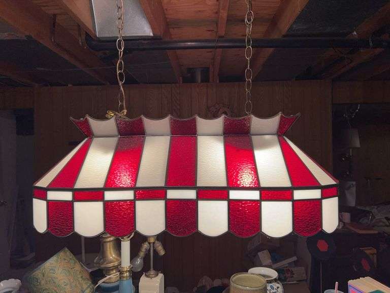 Vintage Red & White Stained Glass Hanging Swag Lamp