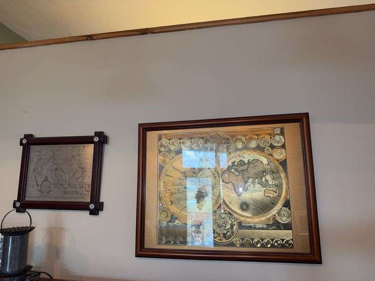 Framed Wall Display of Two Maps Including One Larger Map Measuring 19″H x 24″W