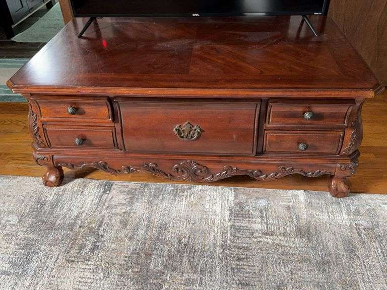American Signature Wooden Coffee Table with Ornate Carvings, 21″H x 51.5″W x 31″D