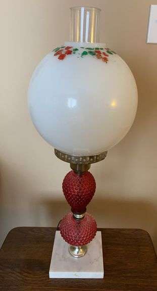 Cranberry Hobnail Glass Hurricane Lamp w/ Frosted Globe
