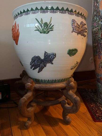 Large Ceramic Fish Bowl Planter with Wooden Stand, 27.5″H With Stand