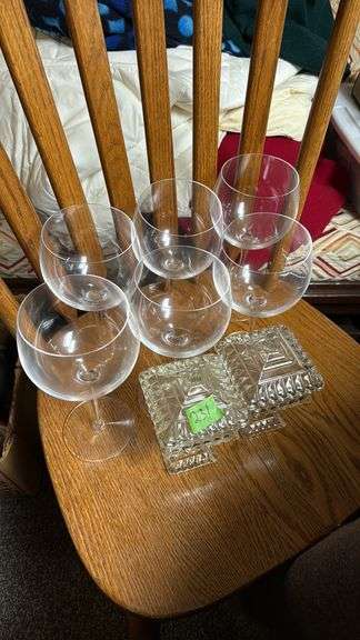Set of 6 Clear Glass Stemmed Goblets with 2 Glass Candy Dishes ...