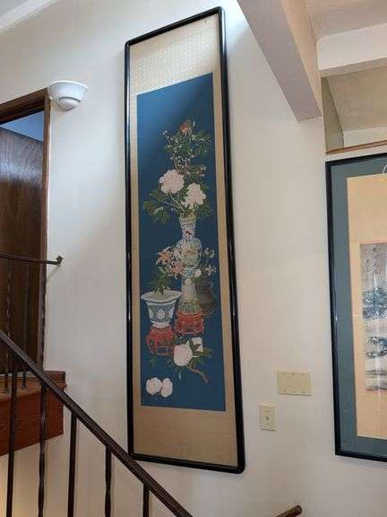 Framed Chinese Scroll Painting with Floral and Vase Motif, 103″H x 28″W