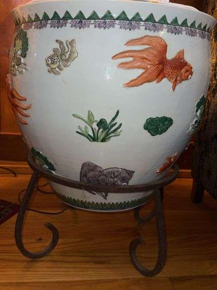 Decorative Koi Fish Ceramic Bowl with Stand, 17″H x 19″ Round