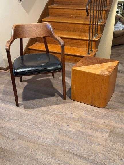 Vintage Wooden Chair by Indiana Chair Co. and Wooden Block Accent Table