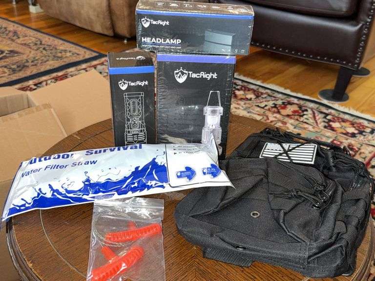 TacRight Outdoor Survival Gear Set with Backpack, Flashlight, Lantern, Headlamp, Filter Straw, and W