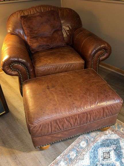 Brown Leather Armchair with Ottoman and Nailhead Trim