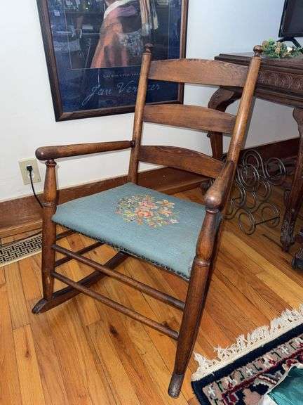 Wooden Ladder-Back Rocking Chair with Floral Needlepoint Seat