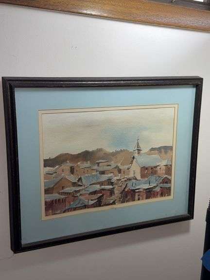 Framed Watercolor Painting of a Village Scene With Church