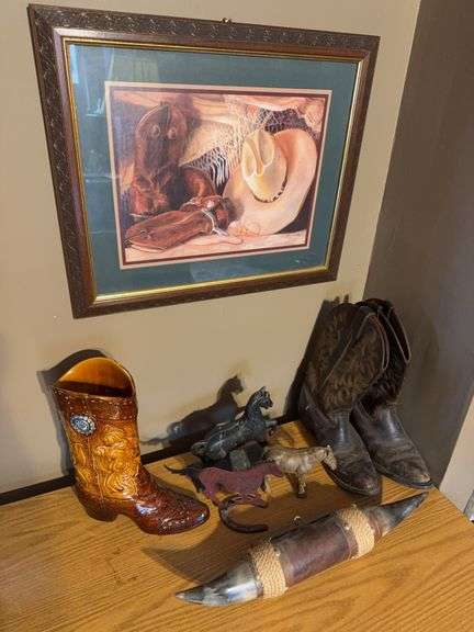 Western Decor Group With Boots, Wall Art, Horse Figurines, and Cow Horn
