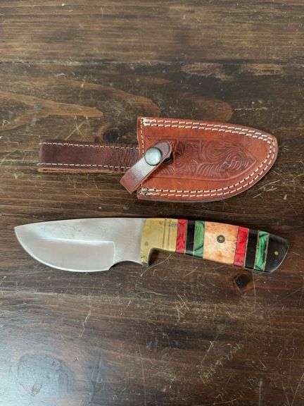 Fixed Blade Knife with Multicolored Handle and Leather Sheath
