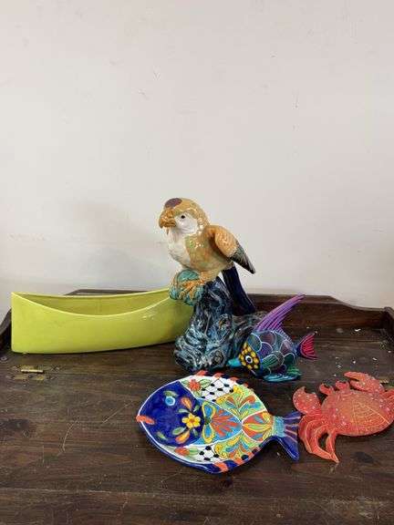 Ceramic Parrot Sculpture on Tree Stump Base, 11″H