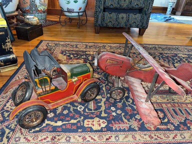 Wooden Model Plane and Car with Painted Details and Functional Elements