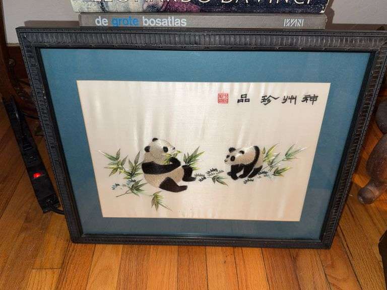 Framed Embroidered Silk Artwork of Pandas, 17″H x 21″W