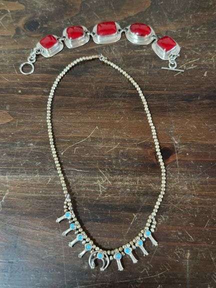 Silver Necklace with Turquoise Accents and Silver Bracelet with Red Stones