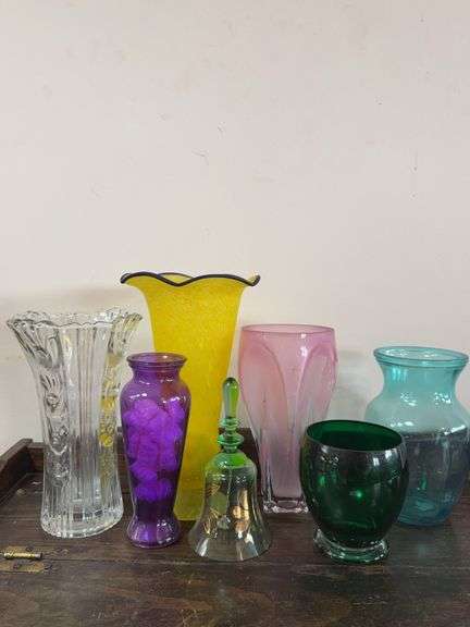Yellow Glass Vase with Blue Rim, Measures 11.5″H