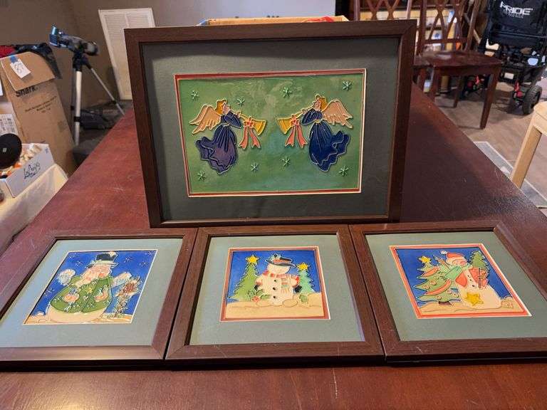 Four Framed Holiday-Themed Ceramic Relief Artworks