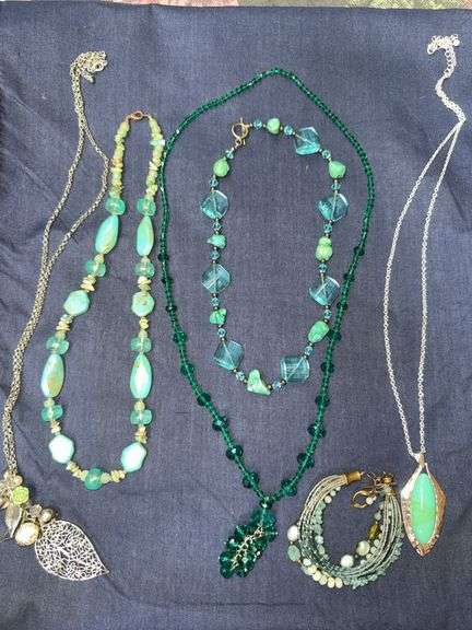 Green and Silver-Tone Jewelry Including Necklaces and Bracelet