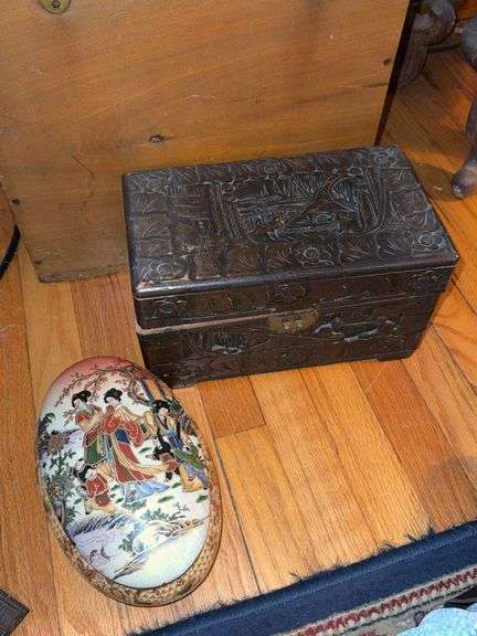 Carved Wooden Box and Porcelain Covered Box Set