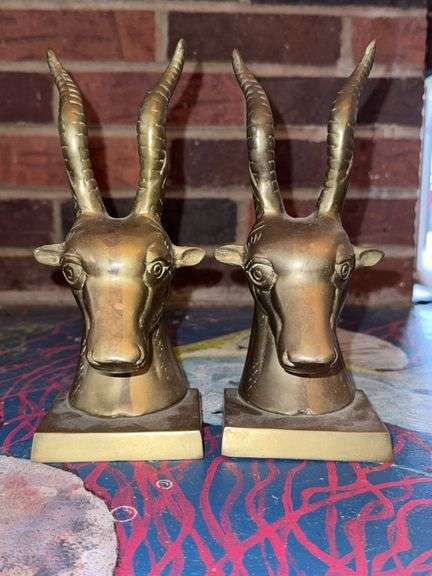 Brass Antelope Head Bookends, 8″H