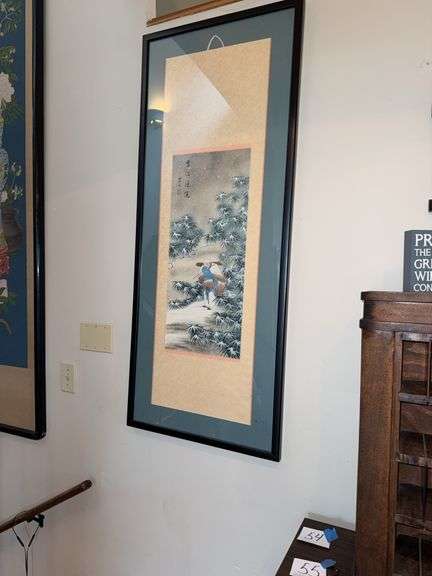 Asian Framed Scroll Painting With Winter Scene, 55″H x 23″W