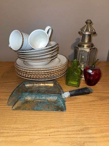 Lot Including Tahiti Stoneware, Lantern, Glass Bottles, and a Metal Pan