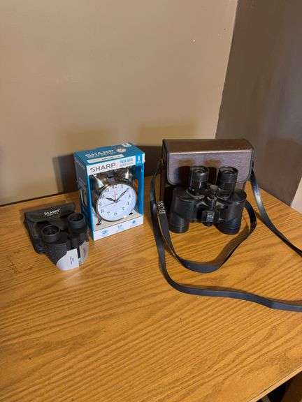 Sharp Twin Bell Alarm Clock, Steiner Binoculars, and Insta-Focus Binoculars Set