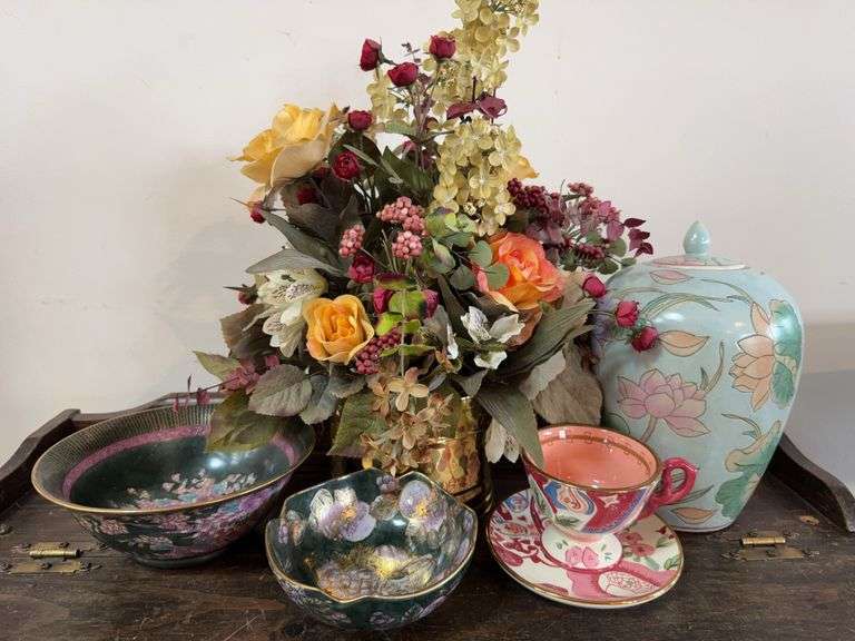 Decorative Porcelain Items with Asian Floral Motifs