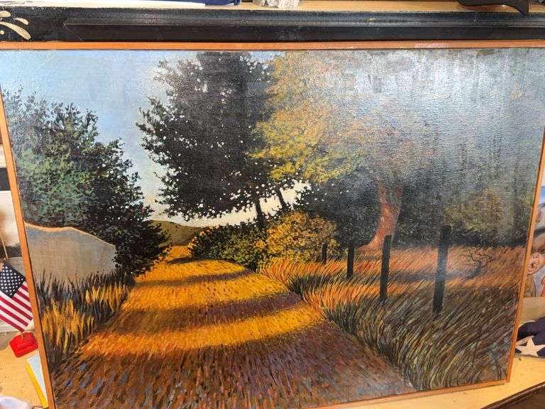 Framed Oil Painting of Sunlit Path and Trees, 31″H x 41″W