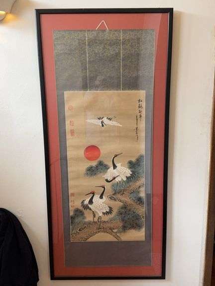 Framed Japanese Artwork Depicting Cranes With Red Sun, 69.5″H x 27.5″W