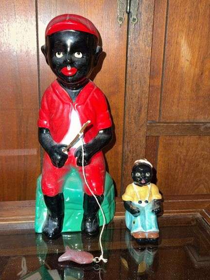 Black Americana Figurines: Fisherman and Seated Child, 11″H