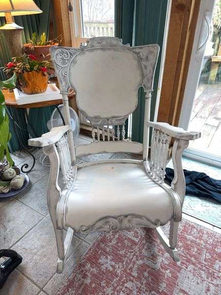 Wooden Victorian-Style Rocking Chair with Ornate Carvings and White Finish