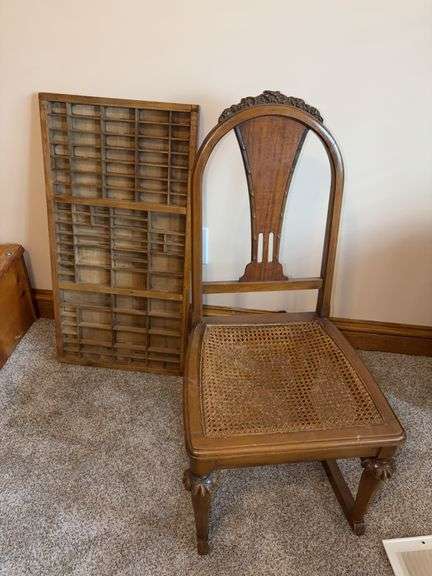 Wooden Chair with Cane Seat and Wood Printer Tray