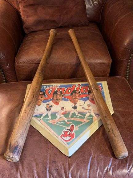 Two Vintage Baseball Bats and Cleveland Indians home Plate