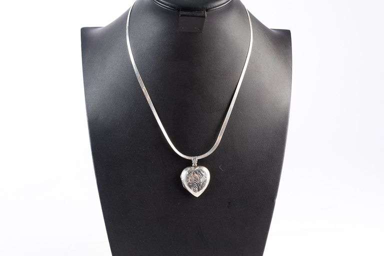 Sterling Silver Herringbone Marked Necklace and Heart Locket