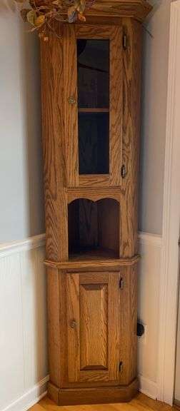 Narrow Two Piece Amish Oak Corner Cabinet