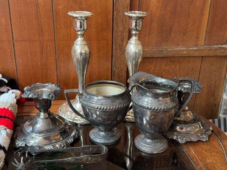 Silver-Plated Decorative Items, Including Candlesticks, Creamer, Sugar Bowl, and Tongs