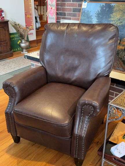 Brown Leather Recliner Armchair with Nailhead Trim, 48″H x 35″W x 32″D