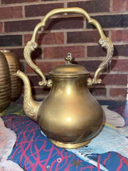 Brass Teapot With Ornate Handle and Spout, 11″H With Handle