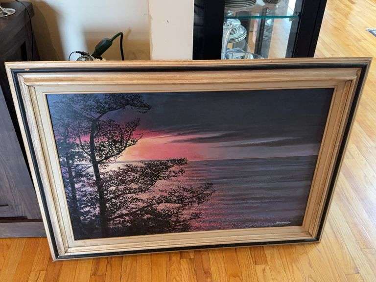 Framed Landscape Painting of Sunset Over Water Signed ‘Brumme’, 34″H x 44″W