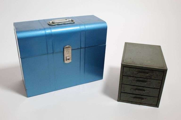 VINTAGE BLUE METAL FILE BOX AND PARTS DRAWERS. - Auction Ohio