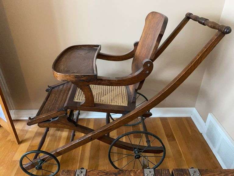 Antique Convertible High Chair / Stroller w/ Cane Seat